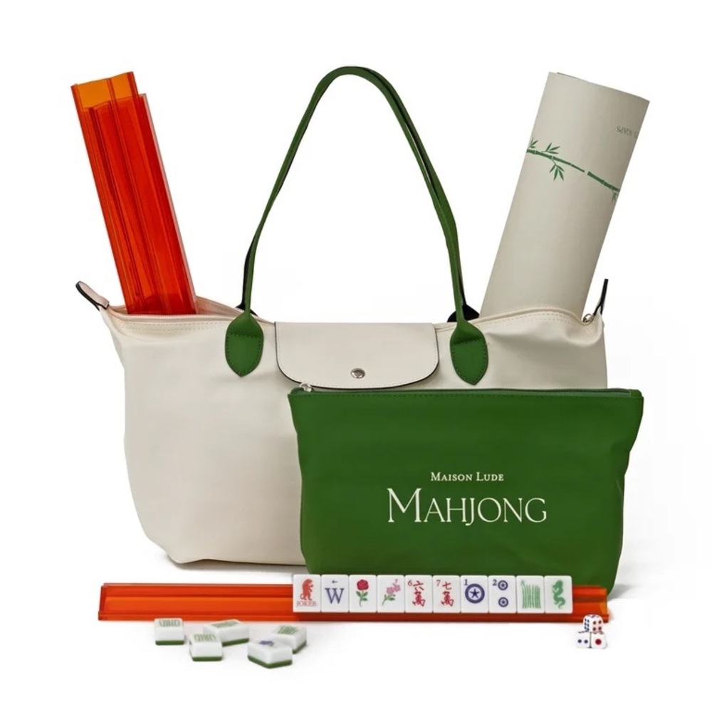 Mahjong set with Tote Bag in White & Green
